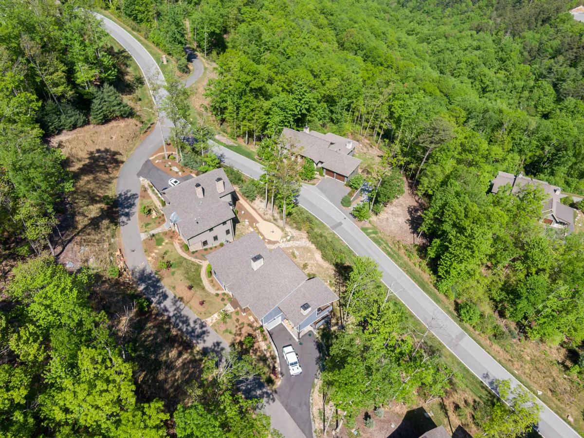 A serene exterior scene featuring residential homes nestled among abundant greenery, with a winding road inviting exploration. The surroundings are tranquil but suggest active outdoor possibilities—walking, driving, and venturing into nature.