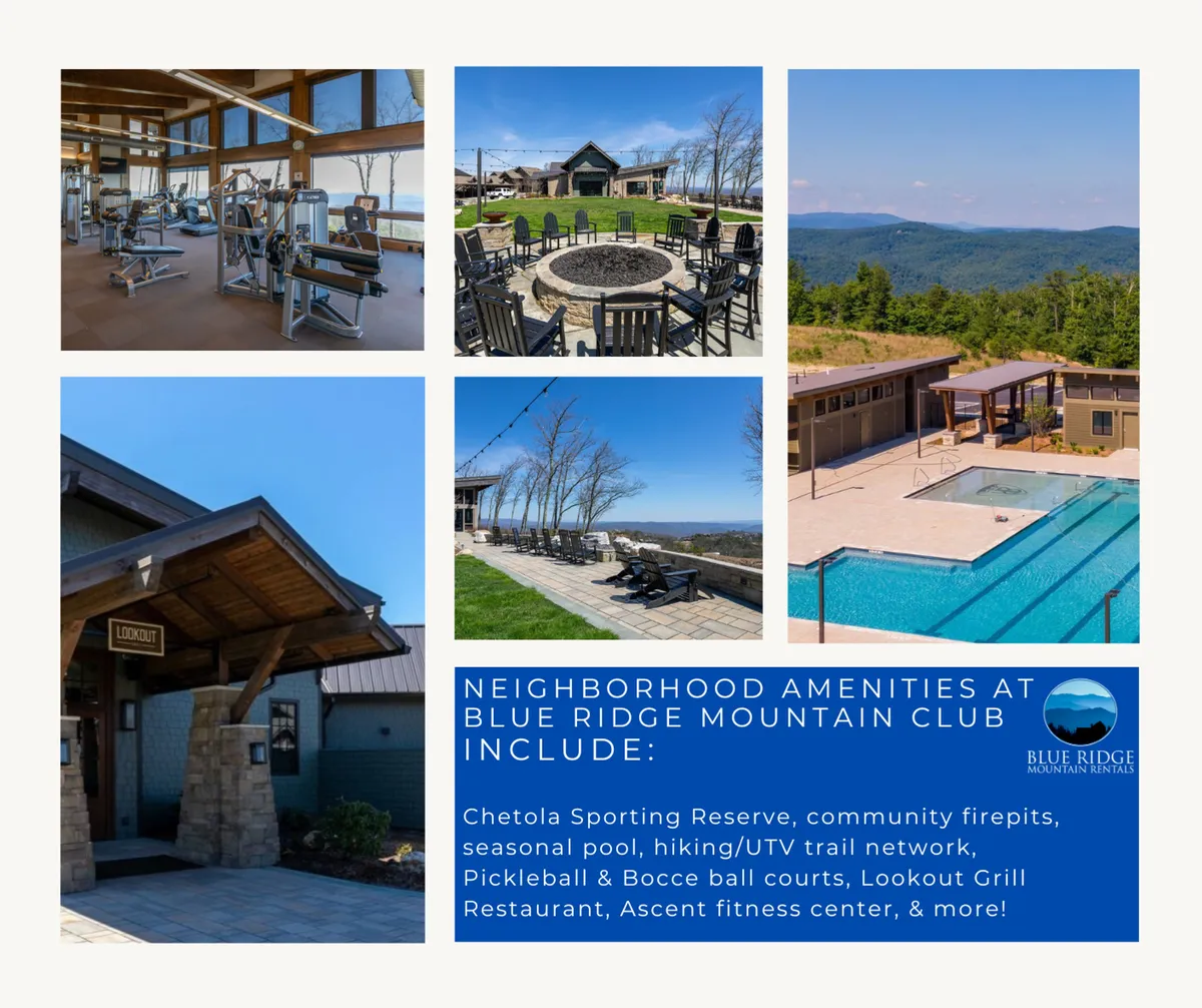 A lively exterior scene featuring the community's fitness equipment, a vibrant firepit area, the seasonal pool, and the Lookout Grill restaurant. Guests are seen working out, socializing around the fire, swimming, dining, and playing outdoor games, all with warm sunset lighting.
